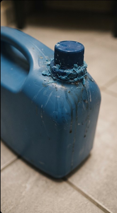 Primer plano de la tapa de un bidon de detergente con residuo azul seco acumulado alrededor y escurrido por el costado.